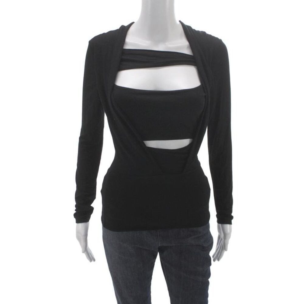 Guy Laroche Women Jersey Scoop Neck Long Sleeve Blouse Black Size 38